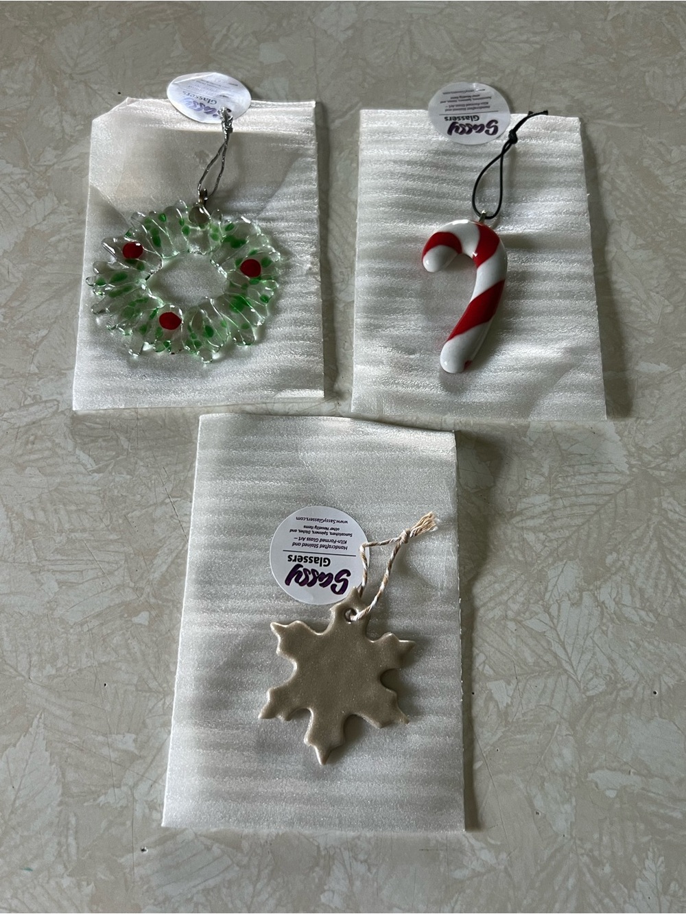 Set of 3 Holiday Ornaments - Glass Wreath, Candy Cane & Snowflake